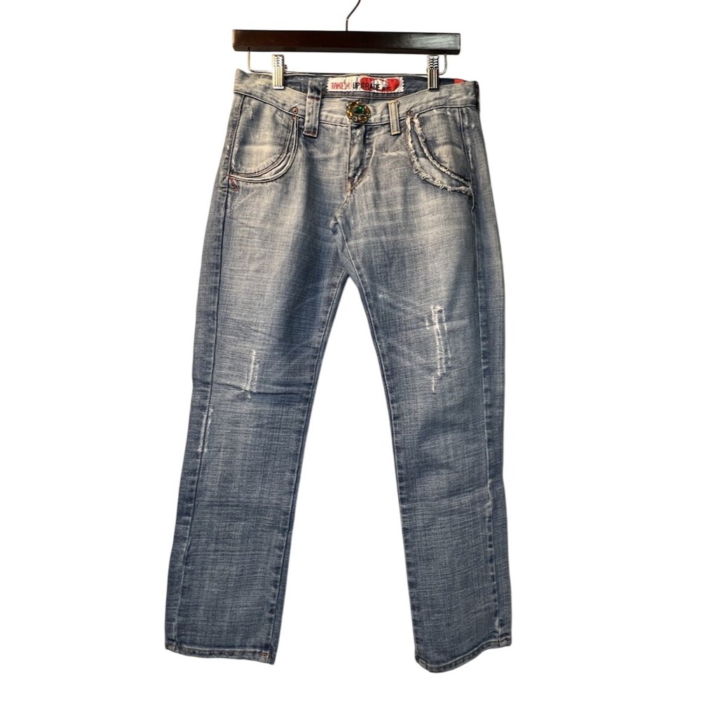 Y2K Take Two Upgrade Dept Jeans Distressed Patchwork W28 Blue Straight Denim